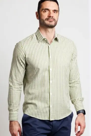Muška SLIM FIT LANENA košulja - ZELENO BELE PRUGE 