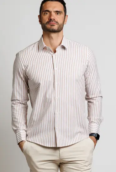 Muška SLIM FIT LANENA košulja - BELO BEŽ PRUGE 