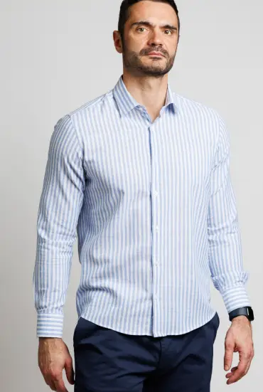 Muška SLIM FIT LANENA košulja - PLAVO BELE PRUGE 