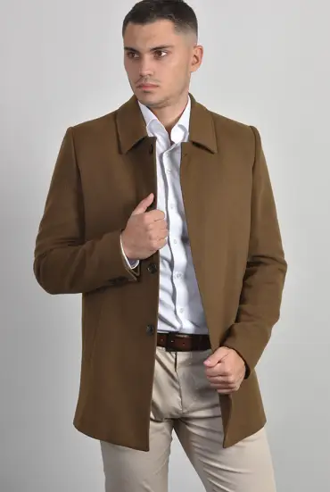 Muški kaput sa visokim kopčanjem - TAMNO OKER